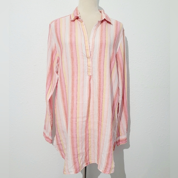 GAP Women’s Popover 100% Linen  Tunic Blouse Pink Multi Stripe Long Sleeve Large - Picture 1 of 11